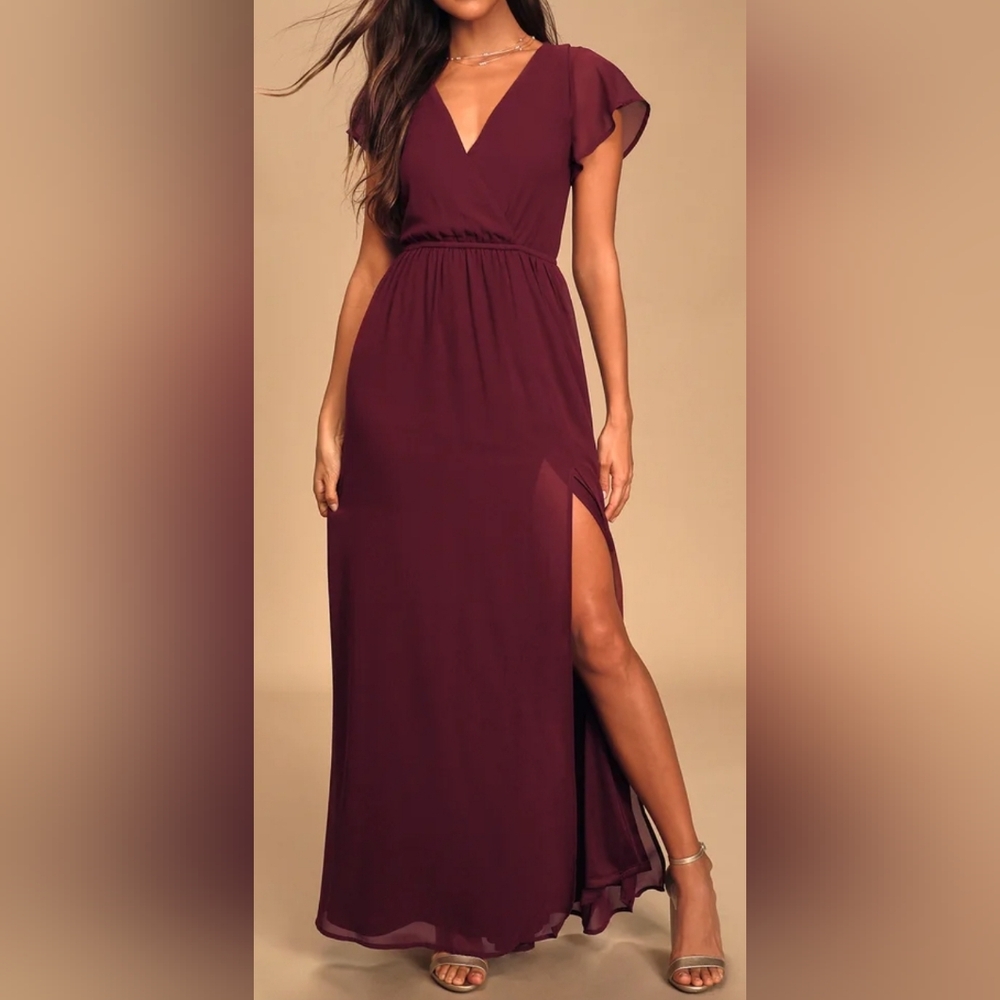 Lulus Burgandy Flutter Sleeve Maxi Dress, Size XS